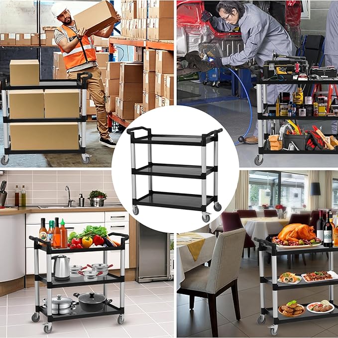3-Tier Heavy Duty Rolling Cart with 360° Lockable Wheels, 120lbs Per Shelf Storage Utility Cart for Kitchen, Restaurant, and Office Use, Multifunctional Storage, Black, 42" Wx20 Dx39 H
