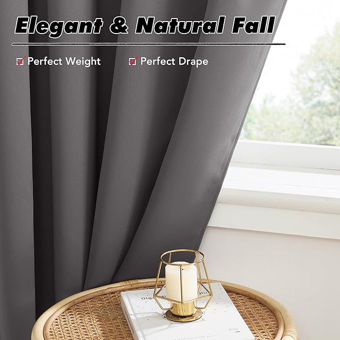 KGORGE Black Out Curtains 54 inch Long for Bedroom, Privacy Blackout Room Darkening Noise Reducing Window Drapes for Kids Room Nursery, Back Tab Rod Pocket, W52 x L54 inches, Grey, 2 Panels