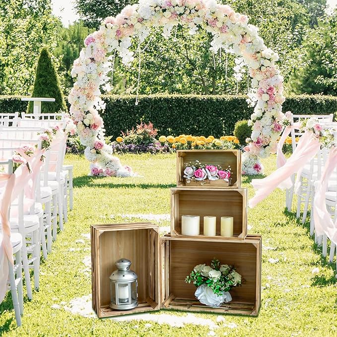 Set of 4 Large Torched Wood Decorative Storage Crates, Nesting Wooden Crates for Display Rustic, Farmhouse Wooden Storage Container Boxes Made from 100% Wood
