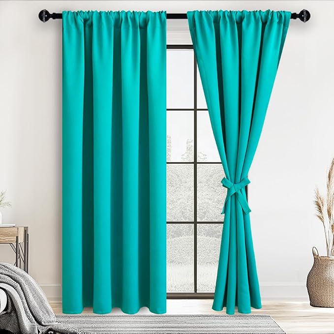 JIUZHEN Blackout Curtains for Bedroom– Thermal Insulated,Noise Reducing Room Darkening Privacy Drapes for Living Room, Set of 2 Panels with Tiebacks, 42 x 84 inch Long, Peacock Blue
