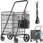 450lbs Capacity Shopping Cart,Upgrade Huge Grocery Cart on Wheels,Heavy Duty Foldable Utility Shopping Carts with Double Basket and 360° Rolling Swivel Wheels for Groceries Laundry Transport 1