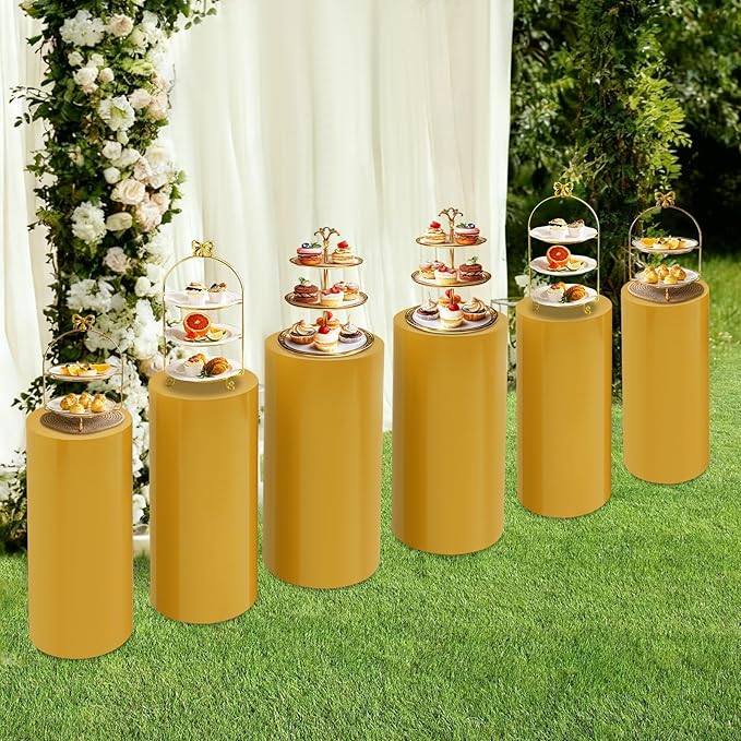 Eapmic Pedestal Stands for Party, Cake Pedestal Stand, Dessert Table Display Plinth Pillars, Sculpture Display Column Decoration Cube for Wedding Birthday (Gold, Cylinder-6Pcs(27.56"+26"+23.62"))