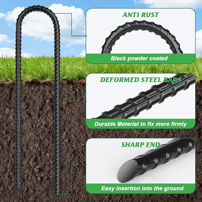 Gtongoko 12 Pack Trampoline Stakes Anchors High Wind, 12 Inch Ground Anchors Heavy Duty, Trampoline Tie Down Anchor Kit, Ground Stakes Galvanized Steel, U Shaped, Black