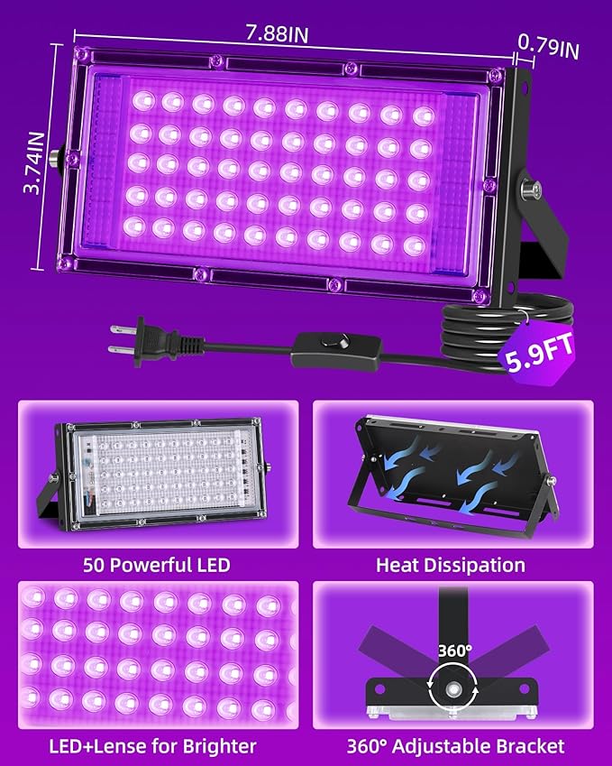 50W LED Black Lights IP66 Waterproof Black Light Outdoor with 5.9ft Plug+Switch, Flood Blacklight for Halloween Glow in The Dark Party Stage Light Neon Glow Birthday 4 Pack