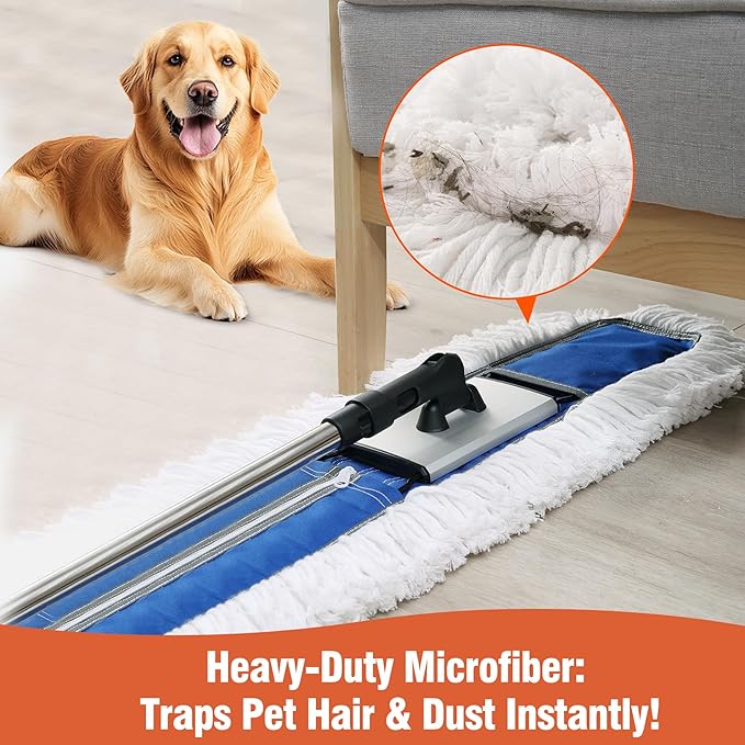24" Heavy-Duty Commercial Dust Mop for Hardwood Floors & Large Areas - with 2 Microfiber Pads, Reinforced Telescoping Handle for Stable Cleaning in Homes, Garages & Commercial Spaces