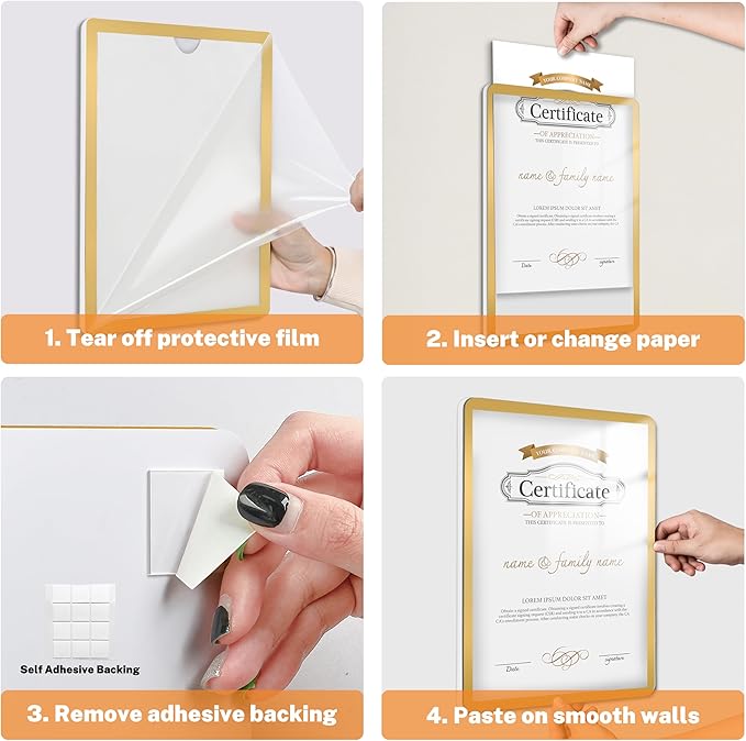 2 Pack 8.5"x11" Sign Holder Wall-mounted, Self-Adhesive Display Frame for College Certificate/Poster/Paper/Picture Office/Store/School Display Sign Holder with Horizontal and Vertical (Gold)