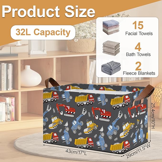 Excavator Car Storage Bins with Handles, Collapsible Storage for Clothes, Gift Basket, Blankets & Closet Organization