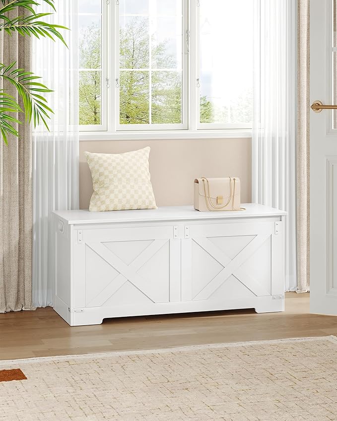 42.9" Storage Chest, Large Storage Trunk with 2 Hinges, Farmhouse Wooden Box Bench, Lift-Top Organizer Chest, Entryway Trunk for Bedroom, Living Room, White SB10903X