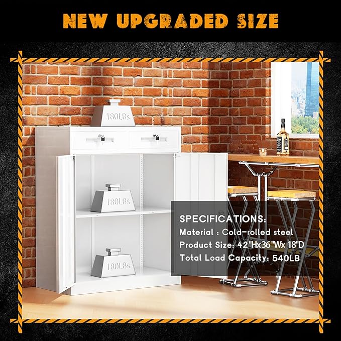 Greenvelly Metal Storage Cabinet with Drawers, 42” White Steel Garage Storage Cabinet with 2 Doors and Adjustable Shelves, Locking Office Storage Cabinets, Tool Metal File Cabinet for Office School