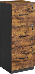 VASAGLE 3-Drawer Vertical File Cabinet, Rustic Brown and Black, for Home Office and Bedroom, A4 and Letter-Size Files, Lockable Drawers, Adjustable Hanging Rail, Printer Stand