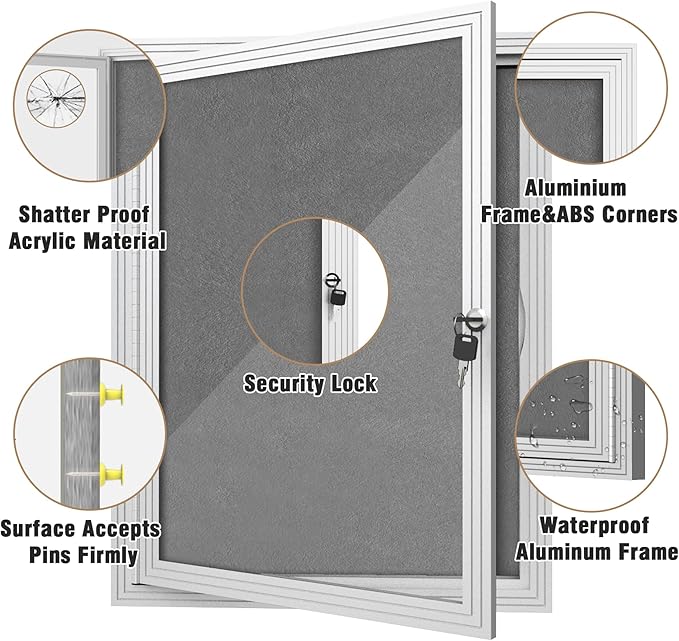 Mifuro 26"x20" Enclosed Bulletin Board, Outdoor Lockable Weather-Resistant Aluminum Cork Noticeboard for School & Office, Silver Frame w/Grey Flet