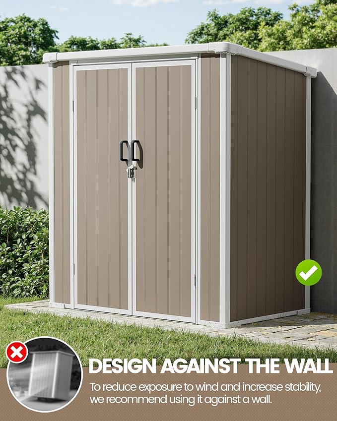 5x3 Resin Garden Sheds & Outdoor Storage on Clearance, Weather-Resistant Plastic Shed with Floor and Lockable Door for Garden Tools, Lawn Mower, Bike, Backyard Organization, Warm Gray