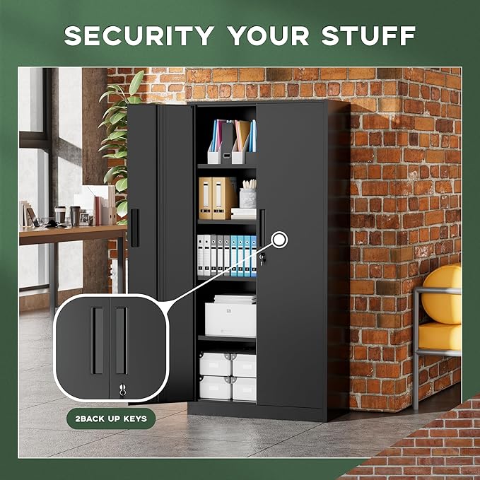 Greenvelly Metal Storage Cabinet, 72" Black Metal Locking Storage Cabinet with Doors and 4 Adjustable Shelves, Large Steel Cabinet for Home Office, Garage, Shop, School (32" W x 16" D)