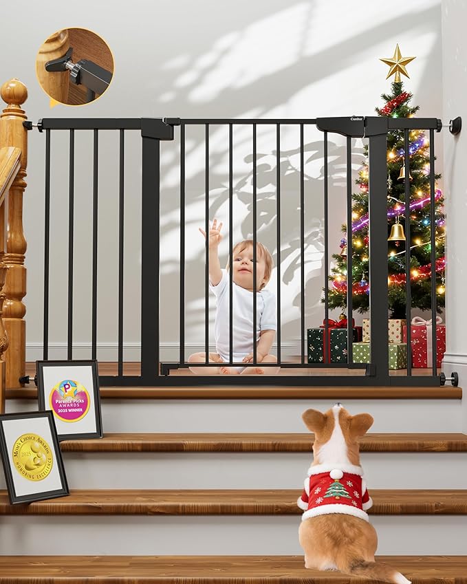 Cumbor 29.7-48" Baby Gate for Stairs, Mom's Choice Awards Winner-Dog Gate for Doorways, Auto Close Safety Pet Gate for Dogs Indoor, Easy Install Pressure Mounted Child Gate with Walk Thru Door, Black