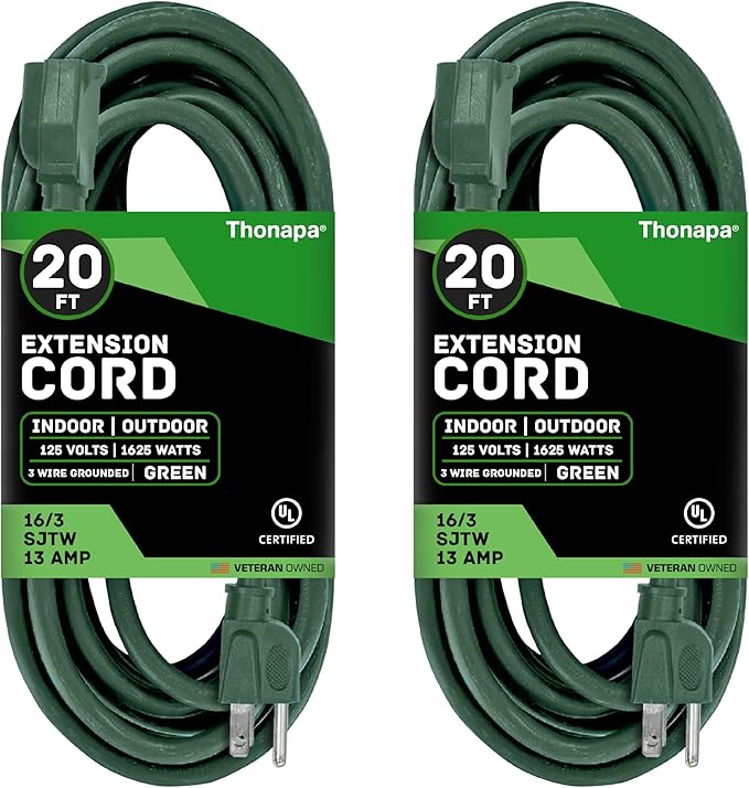 2 Pack of 20 Ft Green Extension Cord with 3 Prong - 16/3 SJTW Weatherproof Water Resistant Outdoor Extension Cord