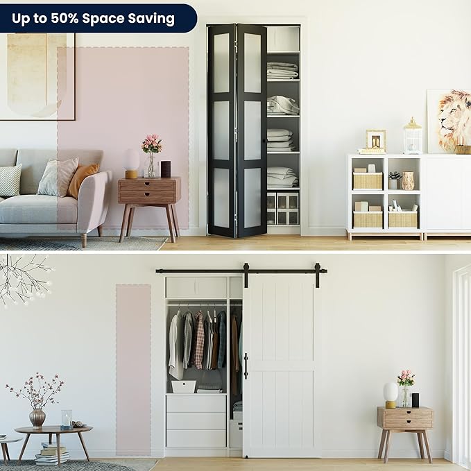 Bifold Doors for 48" x 80" Opening, 3-lite Tempered Frosted Glass Closet Folding Doors with Hardware kit Included, Easy Assembly, Black