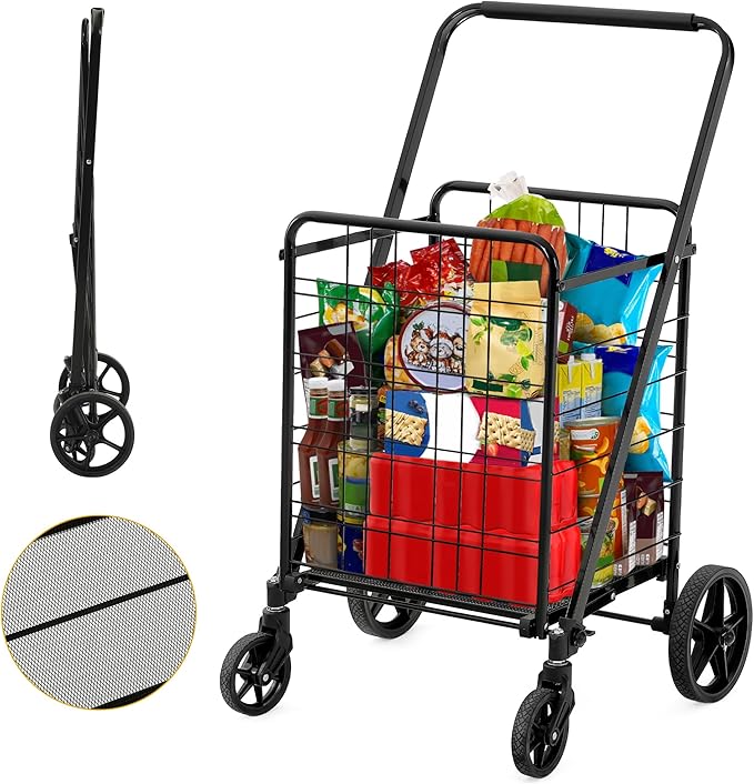DWVO Utility Foldable Shopping Cart with Wheels, Large Portable Collapsible Rolling Grocery Cart with Reinforced Mesh Bottom for Laundry, Grocery, Luggage, Storage and Seniors, 220 lbs Capacity, Black