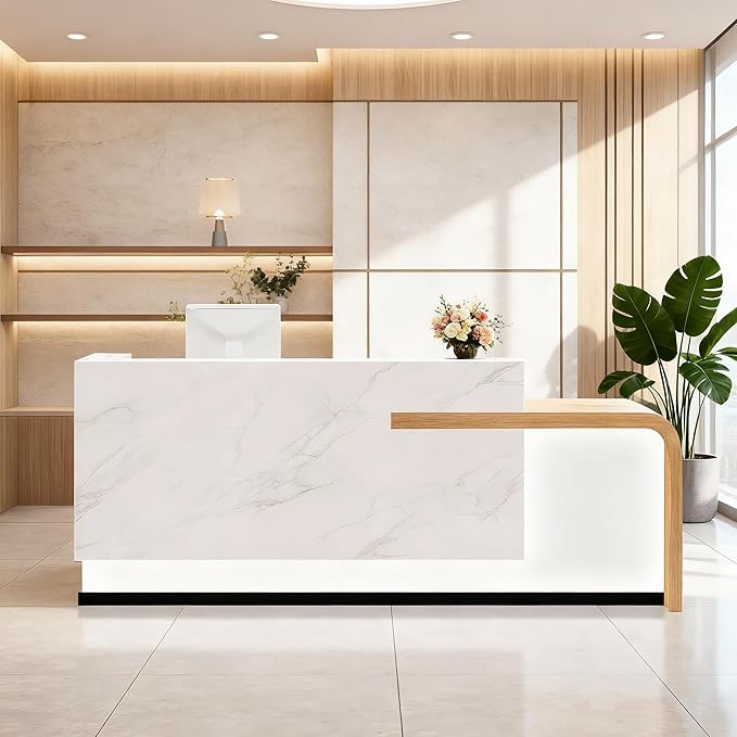 Modern Reception Desk with Counter Front Reception Table with Hidden LED Lighting Commercial Receptionist Desk White and Wood Checkout Counter Fully Assembled and Ready to Use 79inch