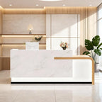 Modern Reception Desk with Counter Front Reception Table with Hidden LED Lighting Commercial Receptionist Desk White and Wood Checkout Counter Fully Assembled and Ready to Use 79inch