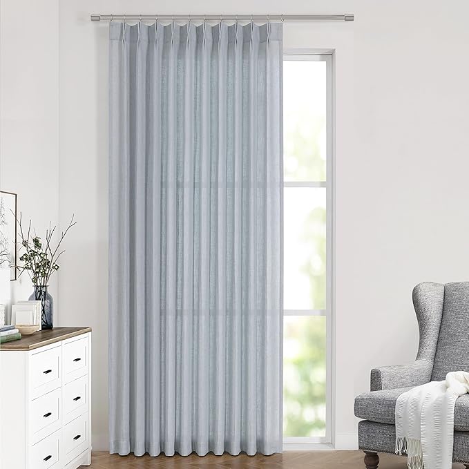 Vision Home Blue Fog Pinch Pleated Semi Sheer Curtains Textured Linen Blended Light Filtering Window Curtains 112 inch for Living Room Bedroom Patio Pinch Pleat Drapes with Hooks 1 Panel 60" Wx112 L