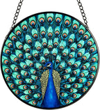 Full-Show Peacock Stained Glass Sun Catcher, 6 Inch Round Hand-Painted Window Hanging with Chain, Vibrant Glass Art for Home Garden Decor, Unique Gift for Nature & Bird Lovers