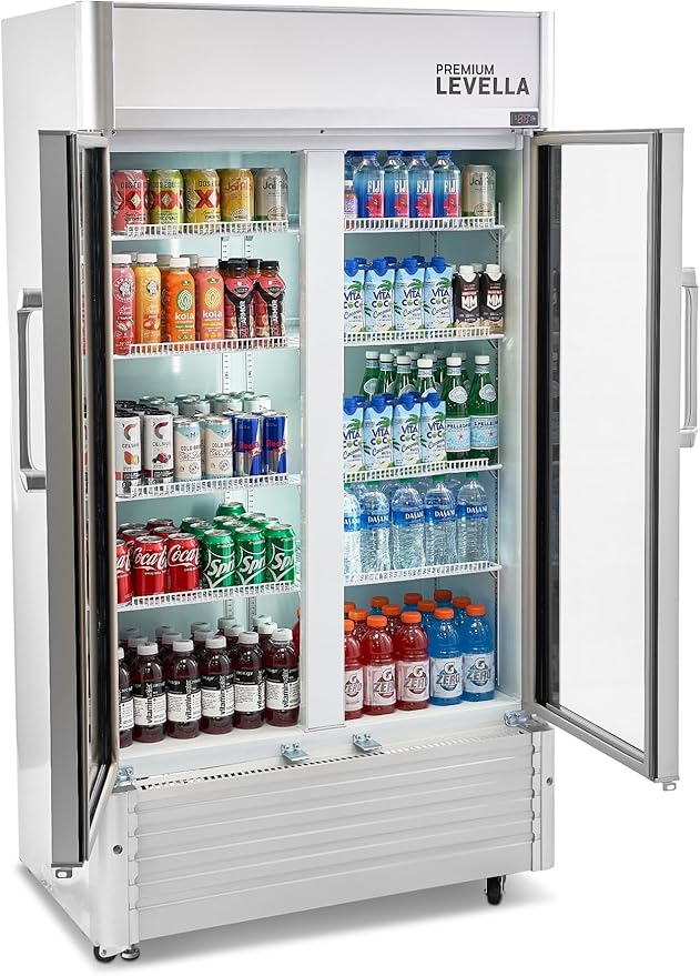 PremiumLevella PRN165DX Glass Door Display Refrigerator 16 cu ft Commercial Beverage Cooler Merchandiser With Customizable Lightbox - Silver