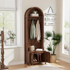 Hall Tree with Bench and Shoe Storage, Entryway Storage Bench with Coat Rack, 70.9"Arch Coat Rack with 4 Hooks and 2 Fluted Doors, Farmhouse Style Furniture Organizer for Hallway (Walnut, 23.7"W)