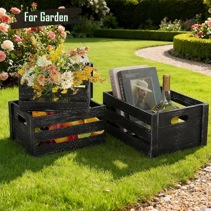 Storage Crates 3 Pack Wooden Nesting Crates with Handles,Rustic Storage Container Boxes,Farmhouse Decorative Baskets for Storage,Display,Decor,Black