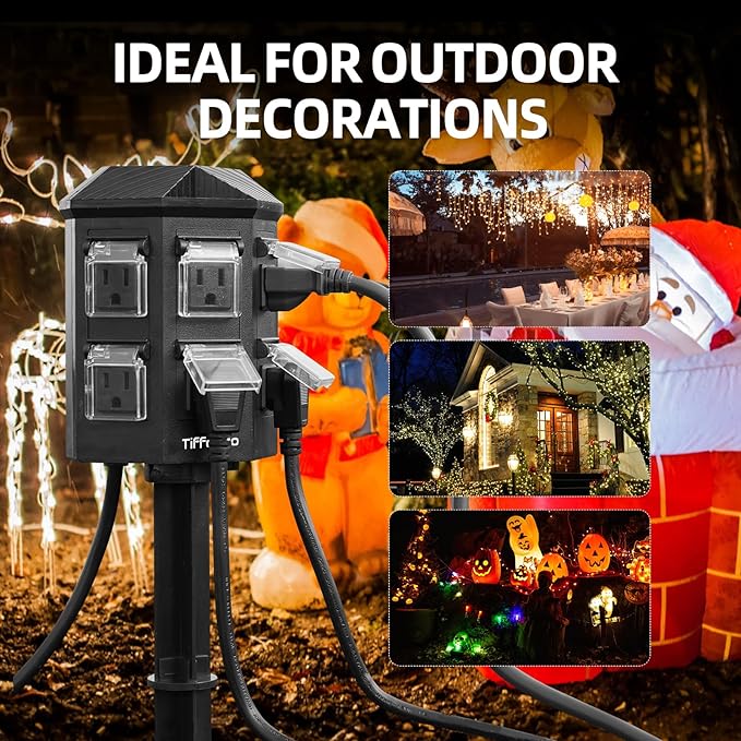 TiFFCOFiO Outdoor Power Strip Weatherproof, 50 FT Extension Cord with Power Stake, 6 Grounded Outlets for Outdoor Lights, 15A/1875W, ETL Listed