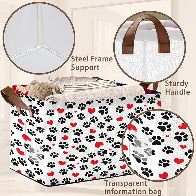 Paw Print Storage Basket Large 17x11.5x10.5 Inche-Collapsible Fabric Organizer Bin with Handles for Pet Lovers, Nursery, Bedroom-Foldable Decorative Hamper with Heart & Paw Design-Single Pack