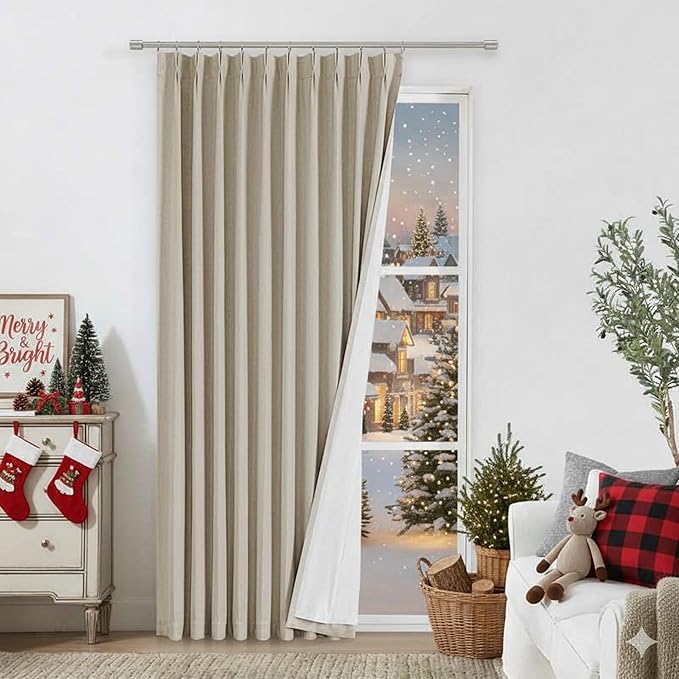 Vision Home Sand Pinch Pleated Full Blackout Curtains Linen Blended Room Darkening Window Curtains 90 inch for Living Room Bedroom Thermal Insulated Pinch Pleat Drapes with Hooks 1 Panel 60" Wx90 L
