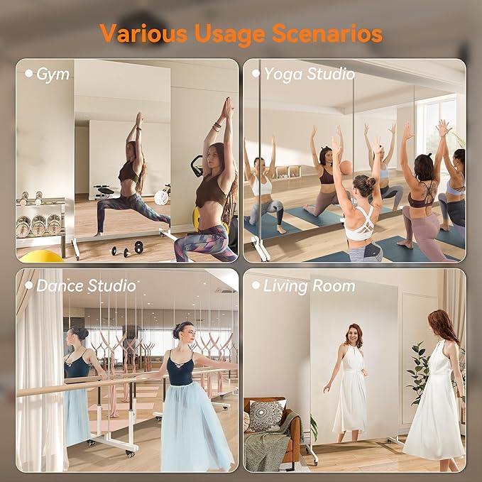 Hasipu Home Gym Mirror 360° Swivel on Wheels, 78.7" x 35.4" Extra Large Full Body Rolling Mirror for Yoga Studio, Bedroom, Dancing Studio, White