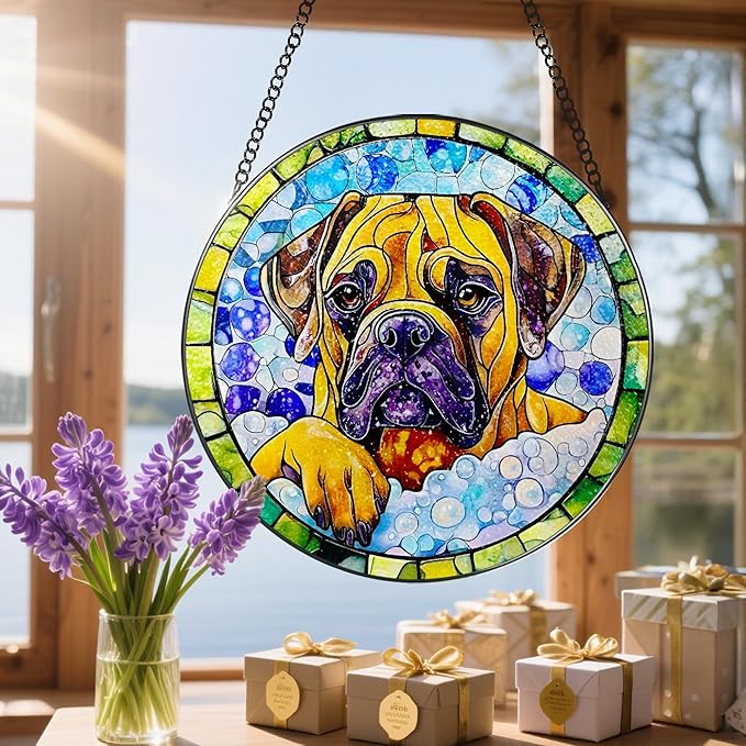 8″ Stained Glass Window Hanging Ornament, Bullmastiff Dog Stained Glass Suncatcher Ornament, Sun-Catcher Window Decor | Pet Lover Gifts, Gifts for Dog Lovers