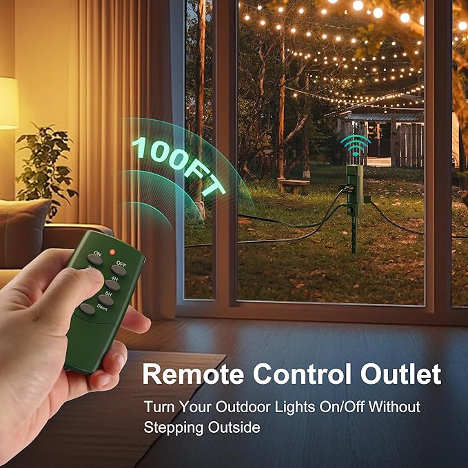 BN-LINK Outdoor Power Stake Timer 25FT Extension Cord Waterproof, Remote Control Photocell Dusk to Dawn Light Timer, 6 Grounded Outlets for String Lights & Christmas Decorations, ETL