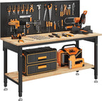 60" Work Bench Adjustable Height with Storage Shelf, Max Load 2000 LBS Heavy Duty Rubberwood Tabletop with Pegboard, LED Light, Built-in Power Strip for Woodworking Shop, Garage, Home