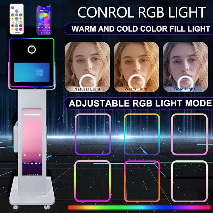 29in LCD Display Photo Booth Machine with 15.6in Mirror Touch Screen Selfie Station Shell Stand DIY Photobooth Machine with RGB Light for Parties Weddings Event (Machine+Mini Printer)