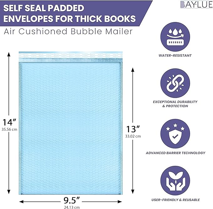 Light Blue 10x13 Inch Poly Bubble Mailers |Self Seal Padded Envelopes for Thick books | Cushioned Bubble Mailer | Usable Size 9.5x13 Inch | Waterproof Lightweight Mailing Shipping Bags | 100 Pack Bulk