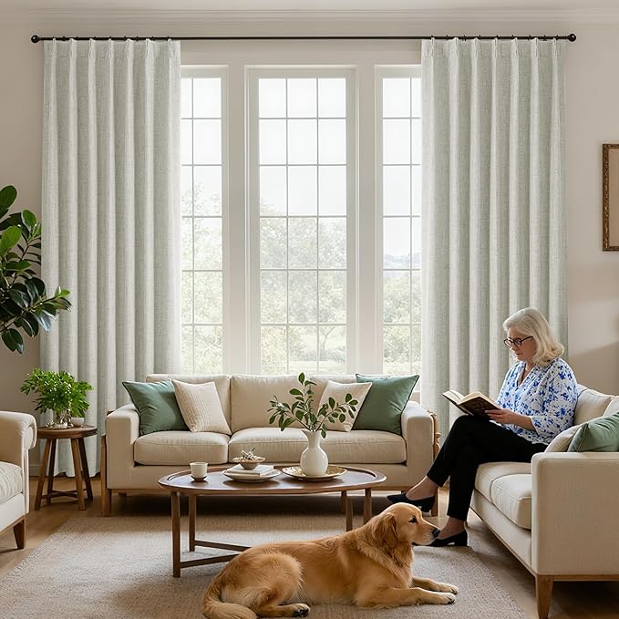 Joydeco Pinch Pleated Curtains - 100% Blackout for Bedroom, Light Beige Linen Curtains 40" W x 96" L, Thermal Insulated 2 Panels Light Blocking Drapes, Back Tabs for Living Room