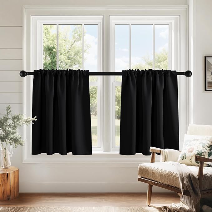 PONY DANCE Black Kitchen Curtains Over Sink 24 inch Long for Small Windows, Black Out RV Bunk Panels, Solid Half Window Short Drapes Tiers for Bathroom Camper, Width 29 x Length 24 inches, 2 Panels