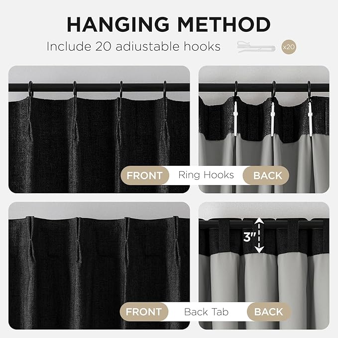 Joydeco Pinch Pleated Curtains - 100% Blackout for Bedroom, Black Linen Curtains 40" W x 108" L, Thermal Insulated 2 Panels Light Blocking Drapes, Back Tabs for Living Room