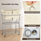 ELYKEN Laundry Cart with Wheels, Rolling Laundry Hamper with Removable Bag and Shelf, Metal Frame Laundry Basket with 4 Casters and 2 Brakes, Ideal for Bedroom, Bathroom, Laundry Room, Cream