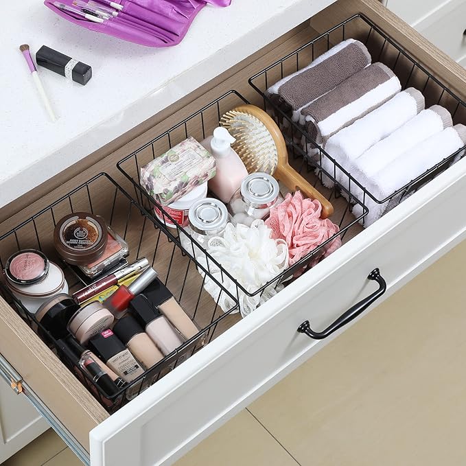 8 Pack Wire Storage Baskets for Organizing with Removable Tags, Pantry Organization Bins for Kitchen Cabinets, Closet - Metal Basket for Laundry, Garage, Refridge, Bathroom Countertop Organizer, Black