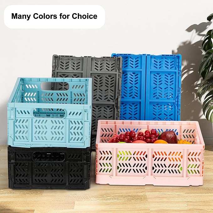 Heavy Duty Plastic Milk Crates for Storage, 4-Pack Stackable Storage Bins for Organizing, Collapsible Storage Basket with Handle for Groceries, Suitable for Home Office School Store, Black