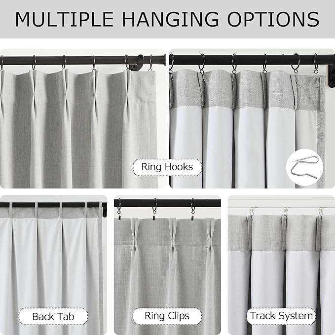Vision Home Light Grey Pinch Pleated Full Blackout Curtains Linen Blended Room Darkening Curtain Panels 120 inch for Living Room Bedroom Thermal Insulated Pinch Pleat Drapes with Hooks 40" Wx120 Lx2