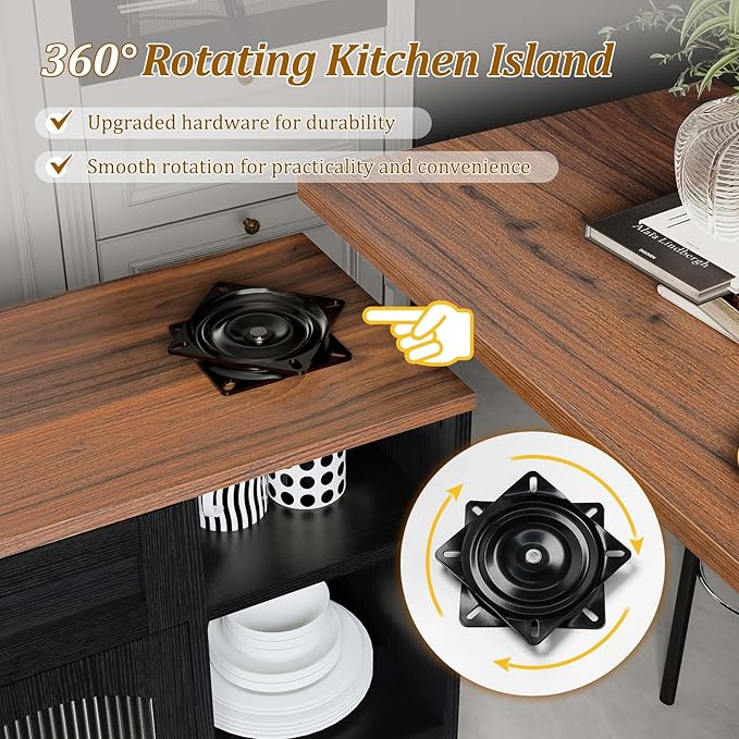 LYNCOHOME Rolling Kitchen Island with 360° Rotating Tabletop, Mobile Lockable Wheels & Adjustable Shelves, Multifunctional Storage Cart for Kitchen & Dining（Black）