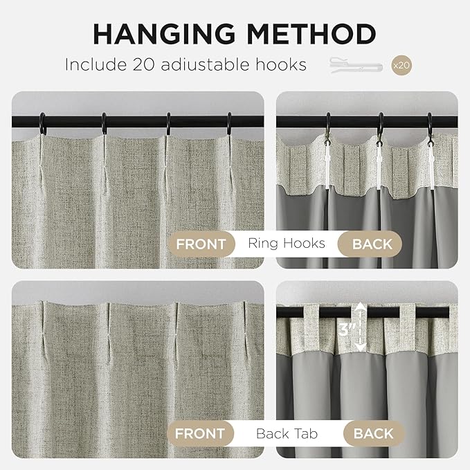 Joydeco Pinch Pleated Curtains - 100% Blackout for Bedroom, Light Beige Linen Curtains 40" W x 108" L, Thermal Insulated 2 Panels Light Blocking Drapes, Back Tabs for Living Room