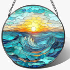 Stained Glass Window Hanging, Pauyadu 8 Inch Beach Stained Glass Suncatcher, Window Decoration Hanging, Sunrise Lover Gift, Natural Gift, Beach Home Decor, Gifts for Family, Friends, Colleagues