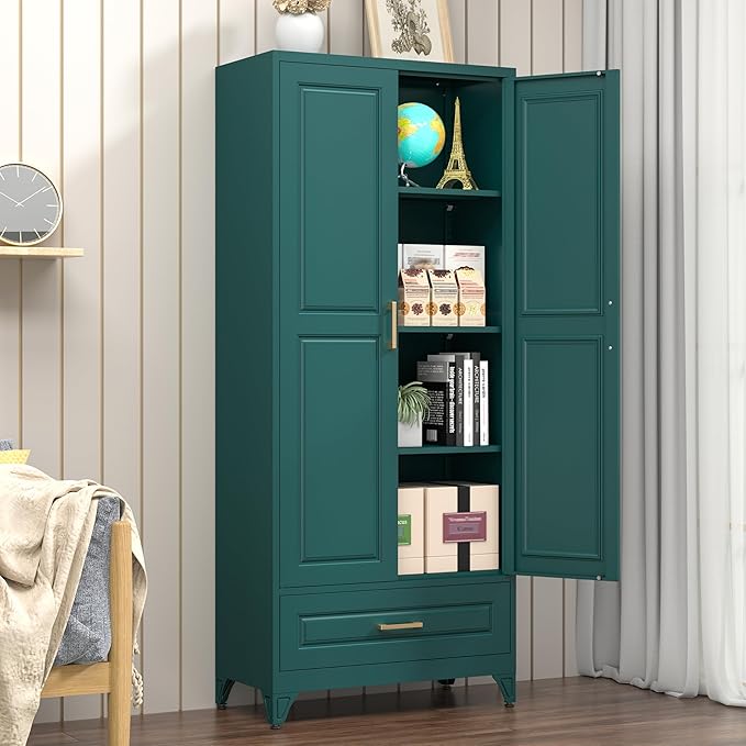 Metal Storage Cabinet,75" Tall Kitchen Pantry Storage Cabinet with Doors and Adjustable Shelves, Green Metal Pantry Cabinets with Drawer, Large Cupboard for Kitchen, Dining Living Room