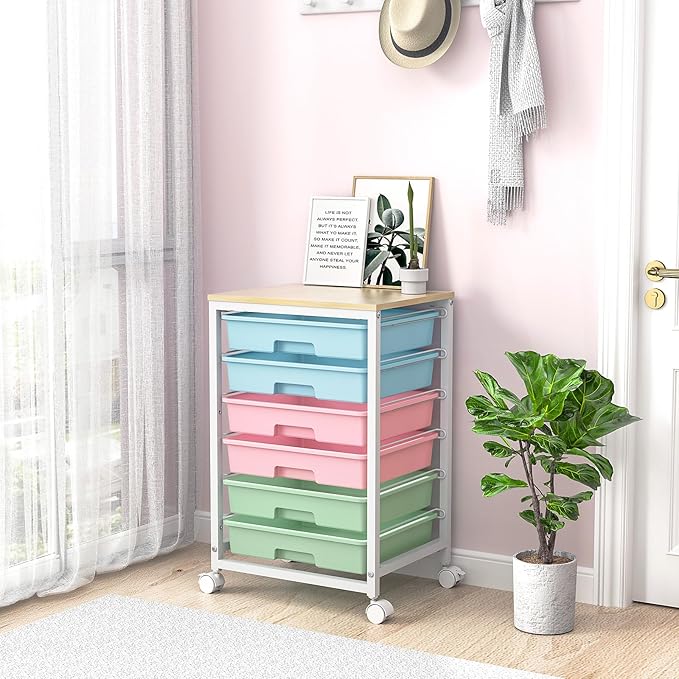 Rolling Cart with Drawers,Utility Cart with 6 Drawers,Rolling Storage Cart with Drawers and Wooden Tabletop & Lockable Wheel,Colorful