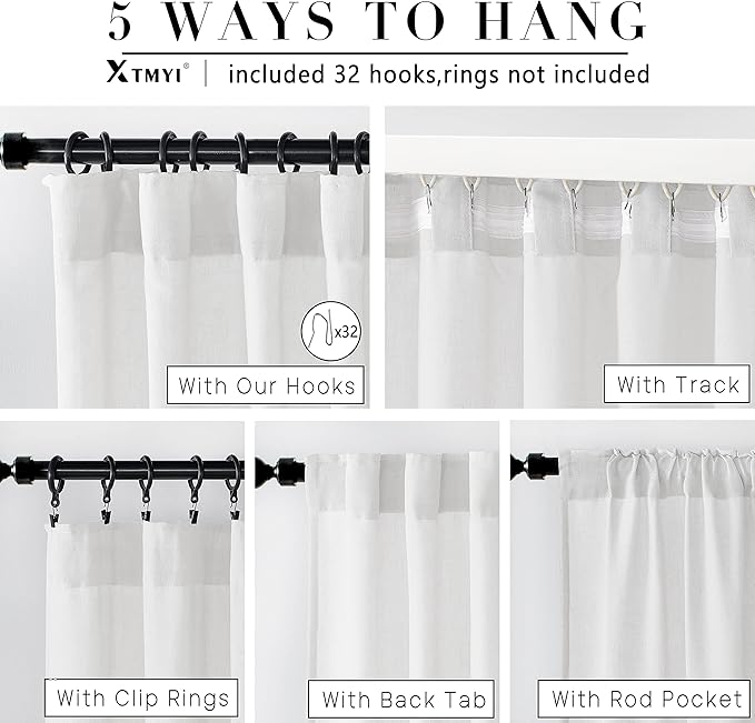 XTMYI 92 Inch Curtains Length 2 Panels Set,Back Tab Linen Sheer Window Curtains Living Room Bedroom,50x92 in Long,White